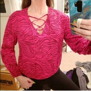 Monrow Zebra Lace Up Long Sleeve Shirt Pink NWT Sample One of a Kind Size Medium